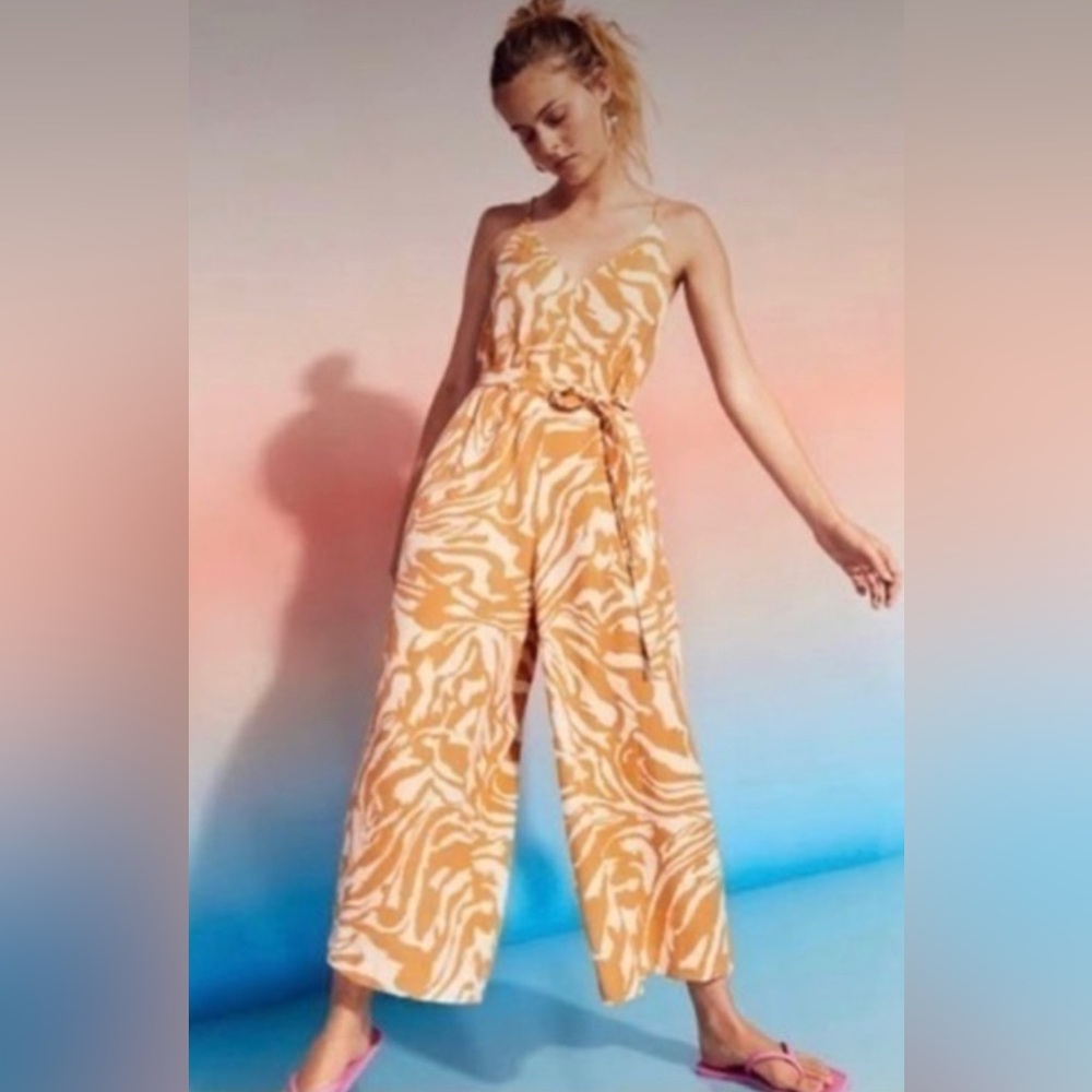 JESSICA SIMPSON Orange and Cream Wide Leg Jumpsuit Sleeveless Animal Print, XS